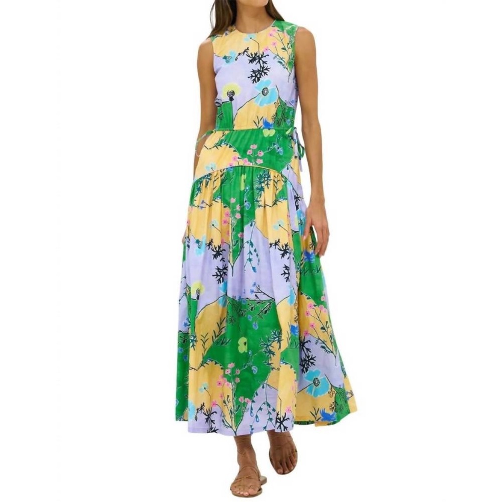 NEW OLIPHANT sleeveless piped maxi dress in stockholm green spring vibrant color